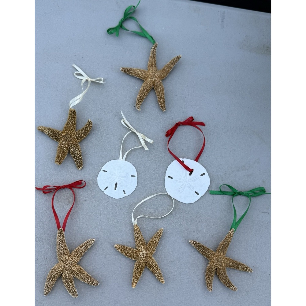 Set Of 7 Starfish Sand Dollar Nautical Beach Christmas Ornament  Collectible Vtg